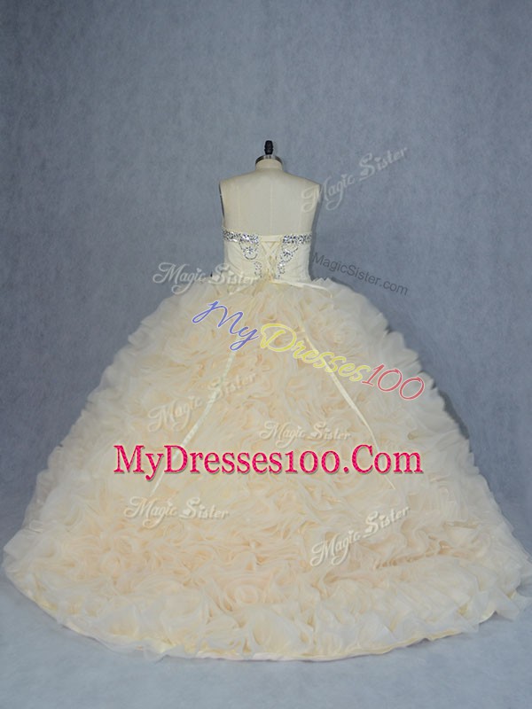 Sleeveless Fabric With Rolling Flowers Brush Train Lace Up Sweet 16 Quinceanera Dress in Champagne with Beading and Ruffles