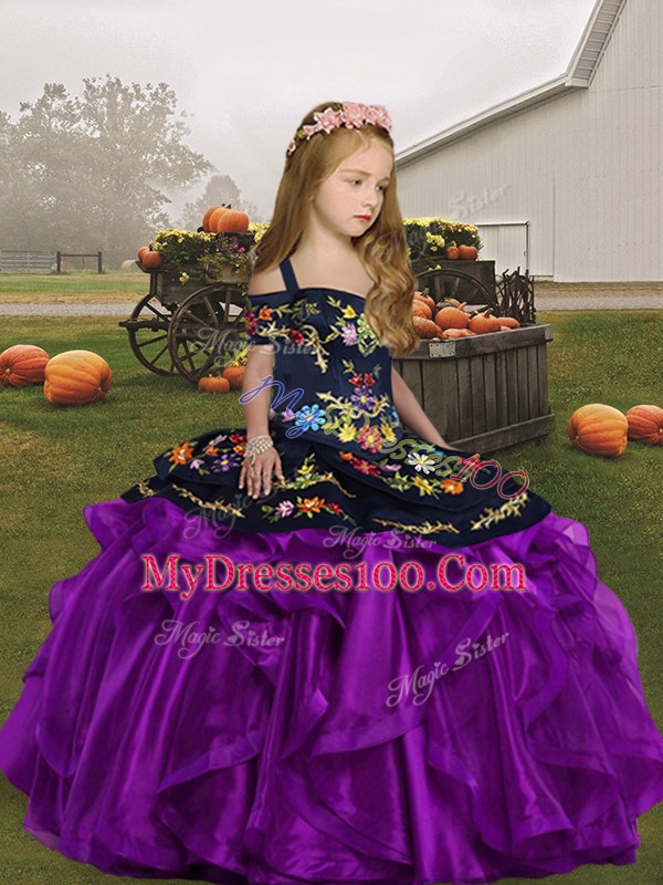 Eggplant Purple Kids Formal Wear Party and Wedding Party with Embroidery Straps Sleeveless Lace Up