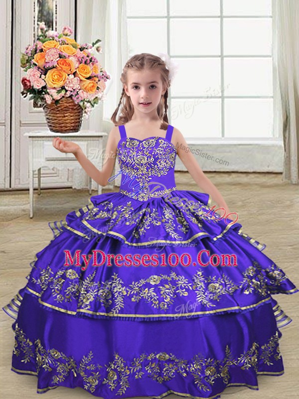 Embroidery and Ruffled Layers Little Girl Pageant Dress Purple Lace Up Sleeveless Floor Length