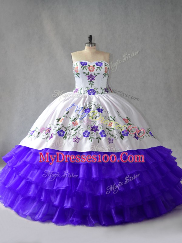 Stunning Blue And White Ball Gowns Sweetheart Sleeveless Organza Floor Length Lace Up Embroidery and Ruffled Layers Sweet 16 Dresses