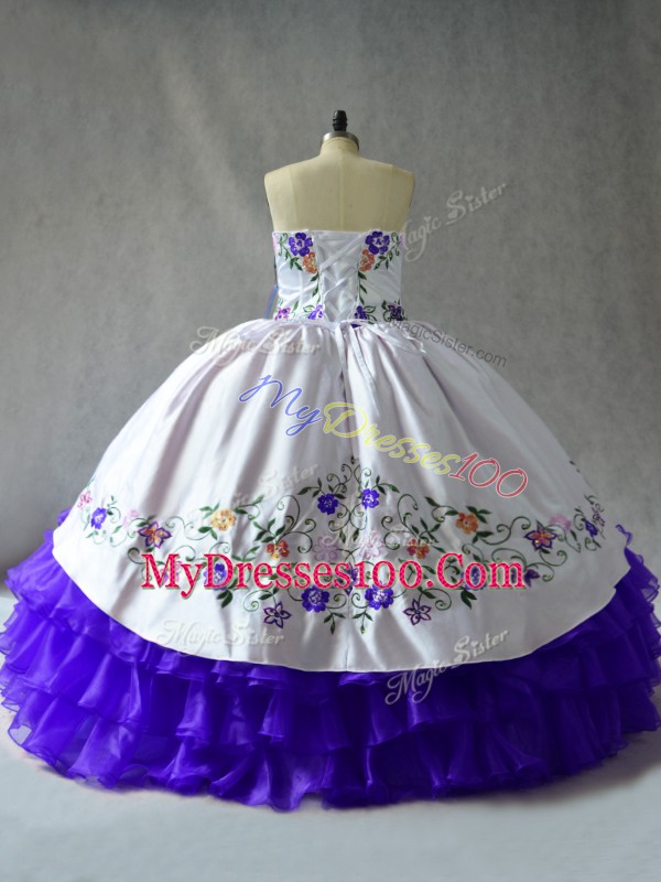 Stunning Blue And White Ball Gowns Sweetheart Sleeveless Organza Floor Length Lace Up Embroidery and Ruffled Layers Sweet 16 Dresses