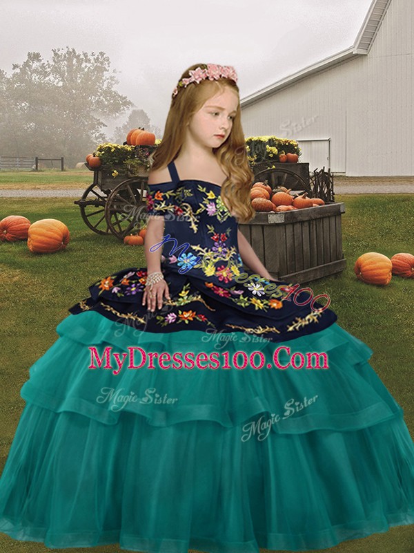 Teal Sleeveless Embroidery and Ruffled Layers Floor Length Winning Pageant Gowns