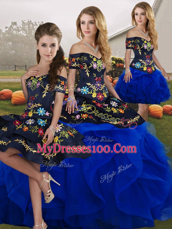 Stylish Floor Length Ball Gowns Sleeveless Blue And Black 15th Birthday Dress Lace Up