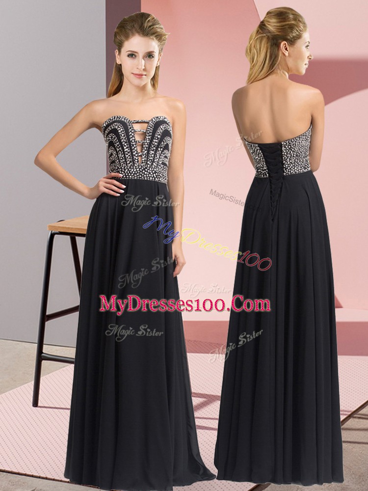 Black Sleeveless Beading Floor Length Prom Party Dress