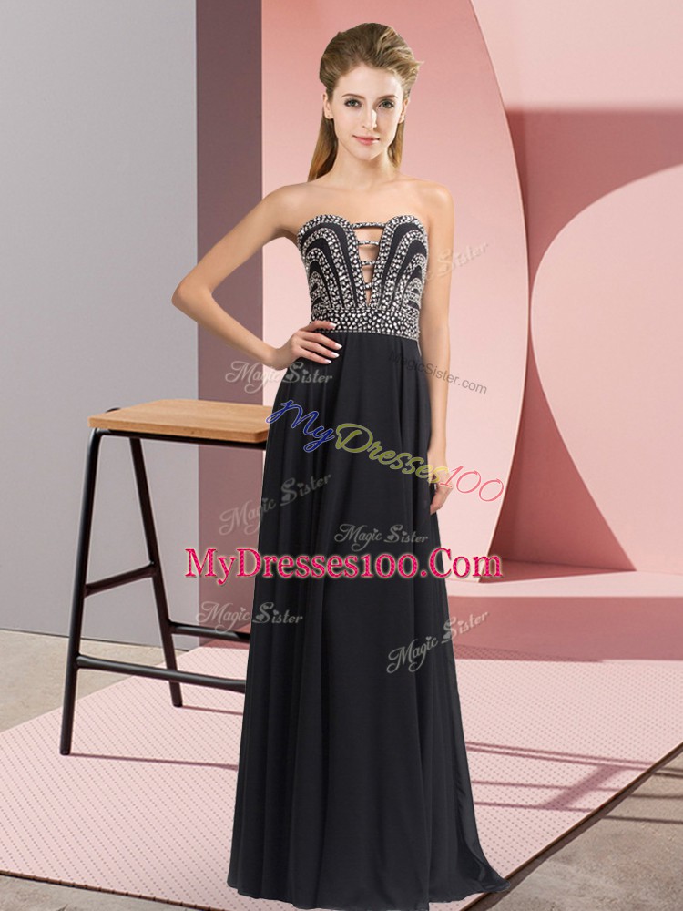 Black Sleeveless Beading Floor Length Prom Party Dress