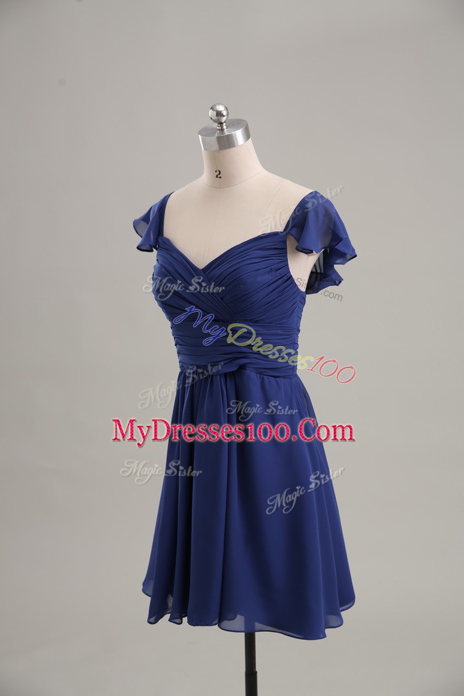 Nice Mini Length Blue Cocktail Dresses Chiffon Sleeveless Ruching