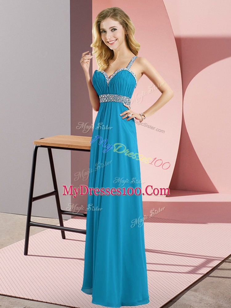 Noble Blue Chiffon Criss Cross Straps Sleeveless Floor Length Homecoming Dress Beading