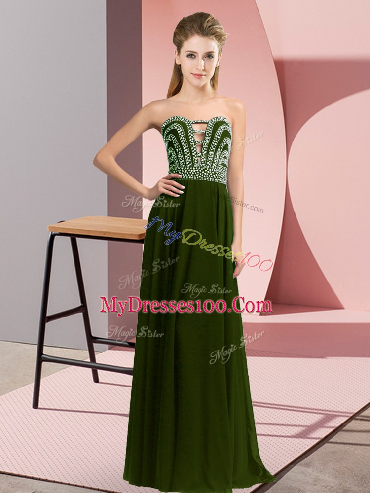 Sweetheart Sleeveless Prom Dresses Floor Length Beading Olive Green Chiffon