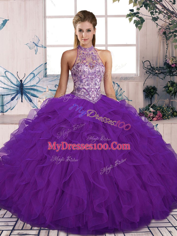 Beading and Ruffles 15 Quinceanera Dress Purple Lace Up Sleeveless Floor Length
