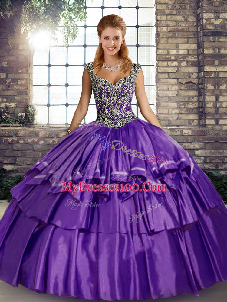 Flare Ball Gowns Ball Gown Prom Dress Purple Straps Taffeta Sleeveless Floor Length Lace Up