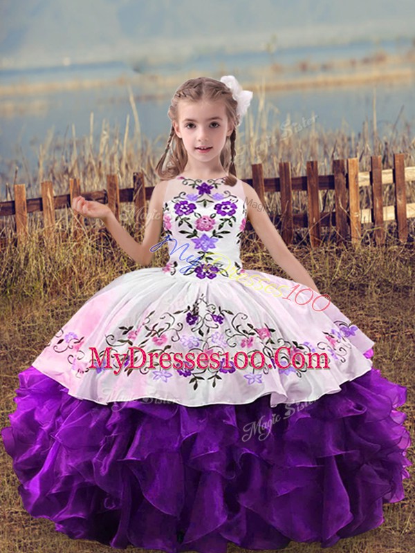Organza Scoop Sleeveless Lace Up Embroidery and Ruffles Girls Pageant Dresses in Purple