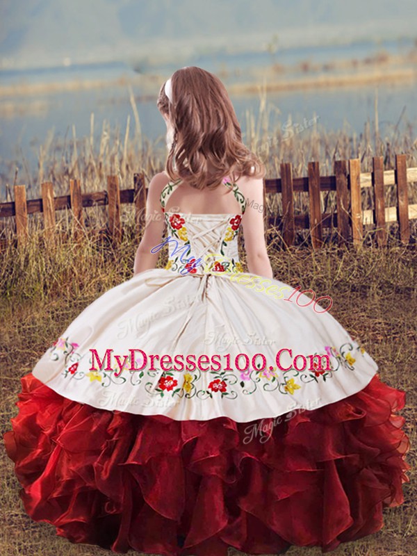 Organza Scoop Sleeveless Lace Up Embroidery and Ruffles Girls Pageant Dresses in Purple