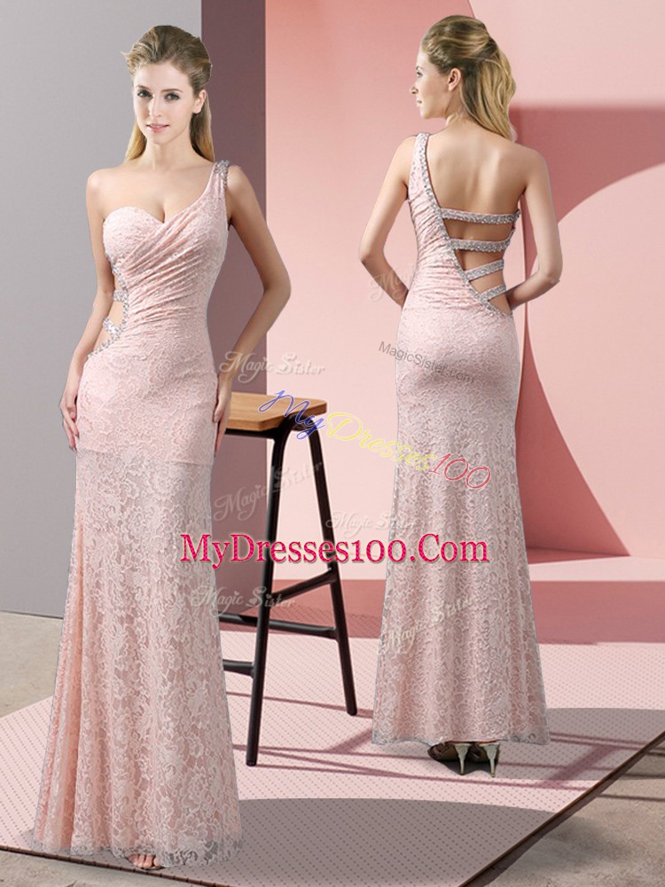 New Arrival Baby Pink Lace Criss Cross One Shoulder Sleeveless Floor Length Dress for Prom Beading and Lace