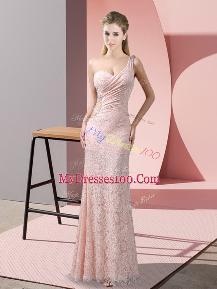 New Arrival Baby Pink Lace Criss Cross One Shoulder Sleeveless Floor Length Dress for Prom Beading and Lace