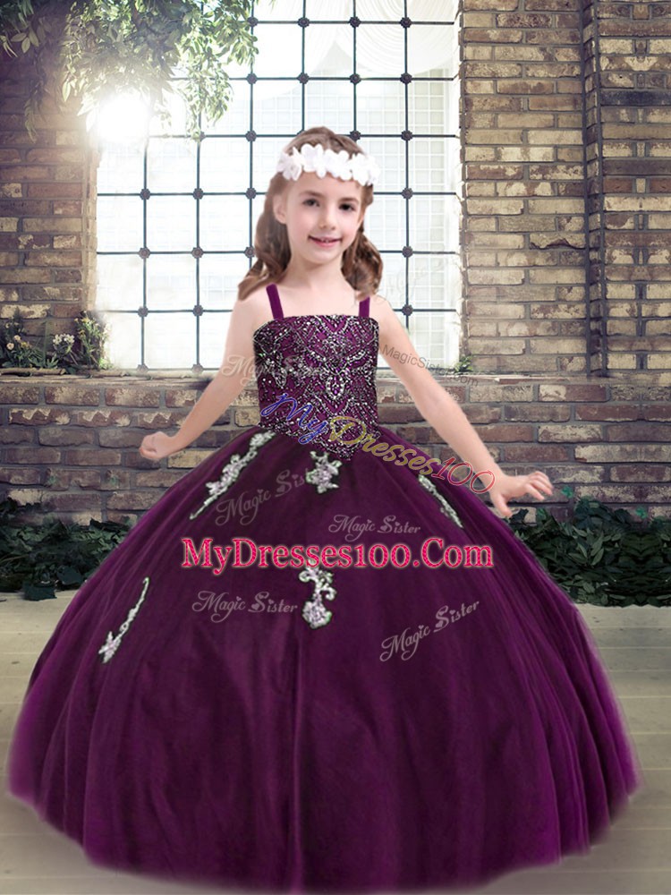 Sleeveless Tulle Floor Length Lace Up Little Girl Pageant Dress in Eggplant Purple with Appliques