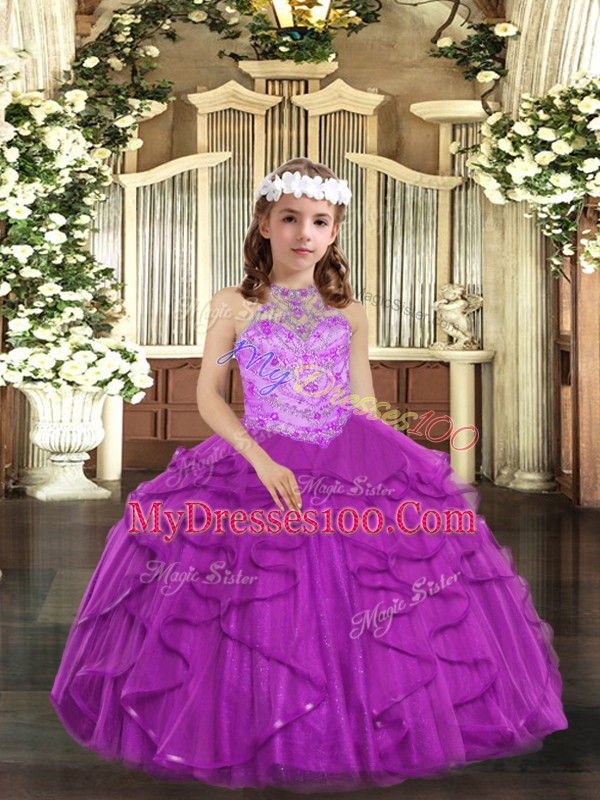 Pretty Purple Halter Top Lace Up Beading and Ruffles Little Girl Pageant Dress Sleeveless