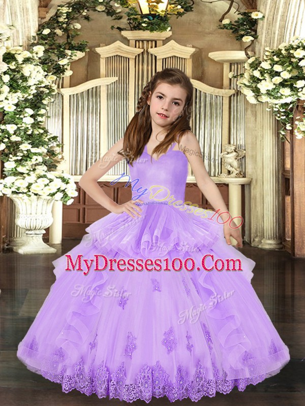 High Quality Appliques Child Pageant Dress Lavender Lace Up Sleeveless Floor Length