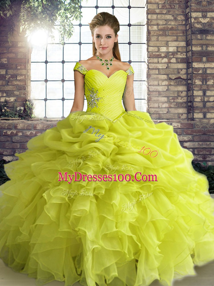 Yellow Green Ball Gowns Off The Shoulder Sleeveless Organza Floor Length Lace Up Beading and Ruffles and Pick Ups Sweet 16 Quinceanera Dress