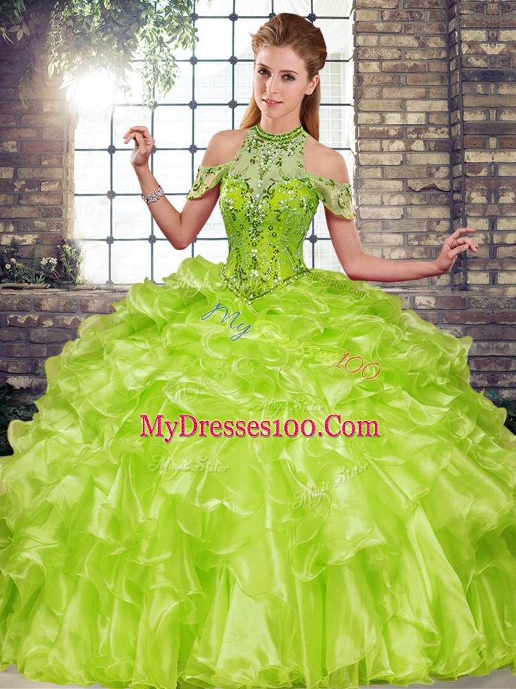 Customized Olive Green Organza Lace Up Halter Top Sleeveless Floor Length Sweet 16 Dresses Beading and Ruffles