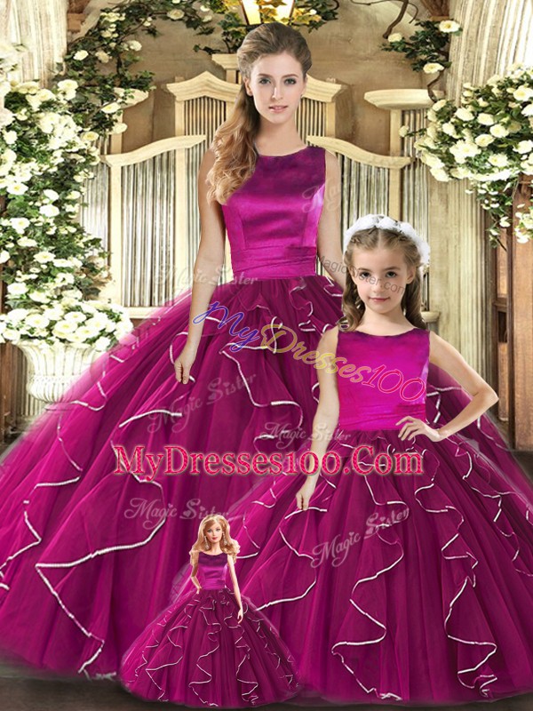 Stunning Fuchsia Sleeveless Tulle Lace Up Quinceanera Gown for Military Ball and Sweet 16 and Quinceanera