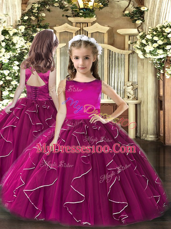 Stunning Fuchsia Sleeveless Tulle Lace Up Quinceanera Gown for Military Ball and Sweet 16 and Quinceanera