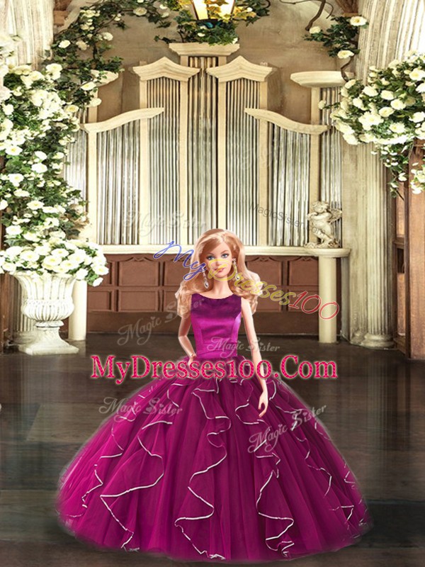 Stunning Fuchsia Sleeveless Tulle Lace Up Quinceanera Gown for Military Ball and Sweet 16 and Quinceanera