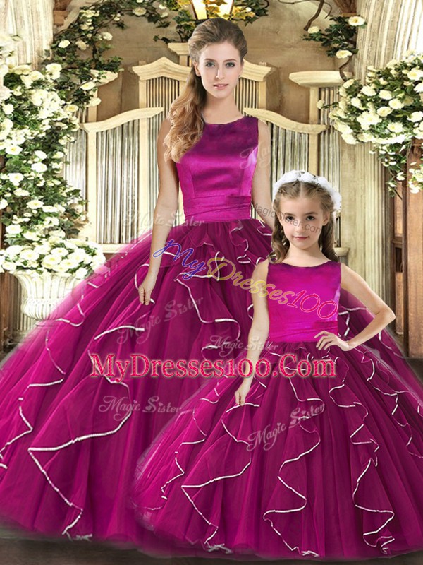 Stunning Fuchsia Sleeveless Tulle Lace Up Quinceanera Gown for Military Ball and Sweet 16 and Quinceanera