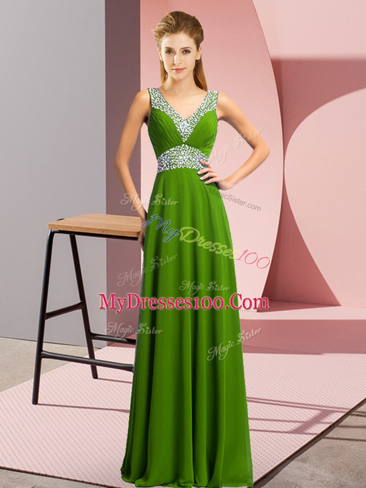 Gorgeous Green Evening Dresses Prom and Party with Beading V-neck Sleeveless Lace Up