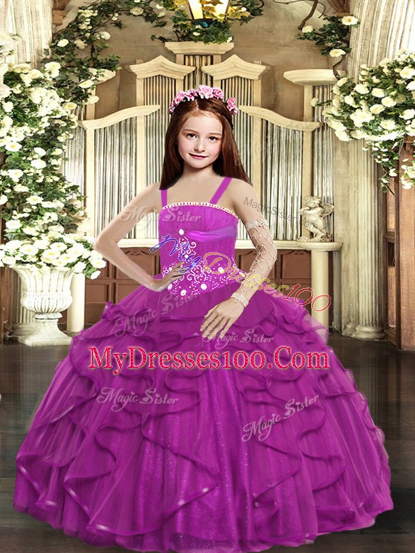 Ball Gowns Kids Formal Wear Fuchsia Straps Tulle Sleeveless Floor Length Lace Up