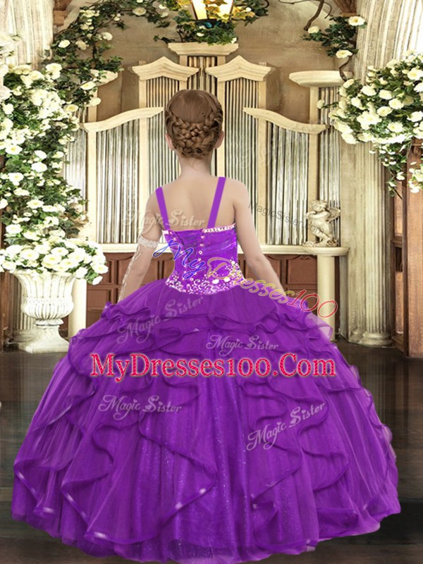 Ball Gowns Kids Formal Wear Fuchsia Straps Tulle Sleeveless Floor Length Lace Up