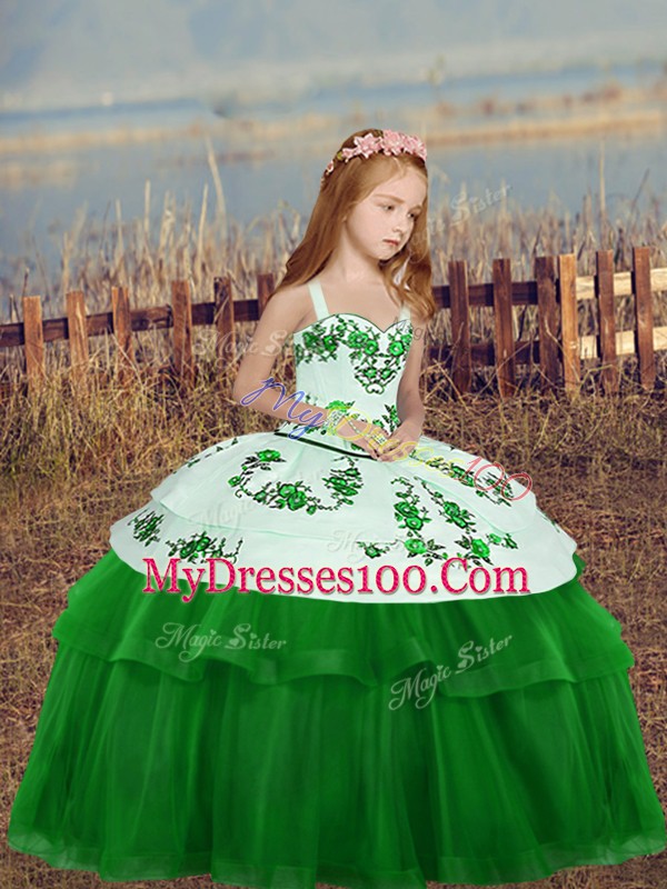 Green Tulle Zipper Pageant Dress Toddler Sleeveless Floor Length Embroidery