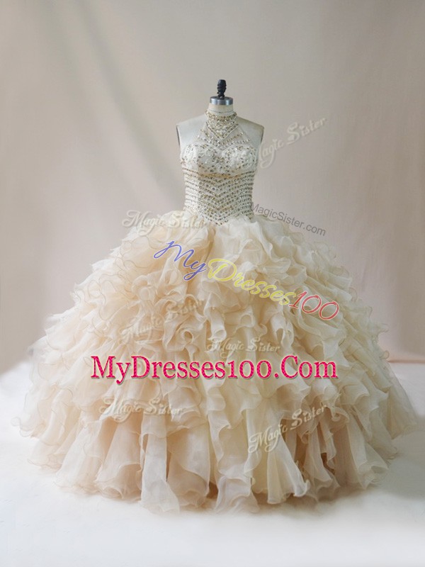 Champagne Sleeveless Organza Lace Up Quince Ball Gowns for Sweet 16 and Quinceanera