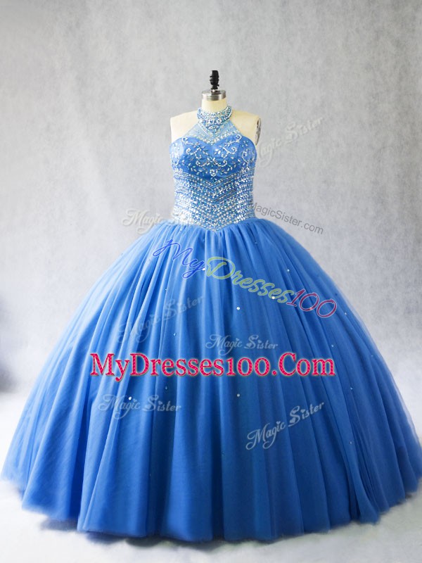 Lovely Blue Ball Gowns Halter Top Sleeveless Tulle Brush Train Lace Up Beading Sweet 16 Quinceanera Dress