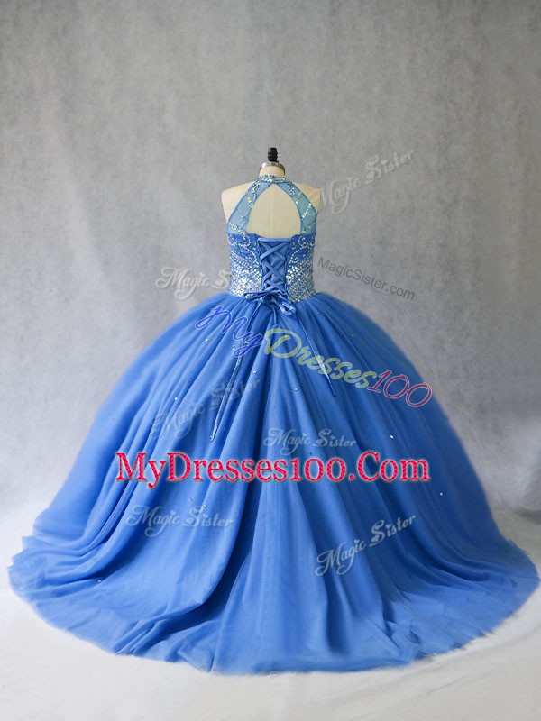 Lovely Blue Ball Gowns Halter Top Sleeveless Tulle Brush Train Lace Up Beading Sweet 16 Quinceanera Dress