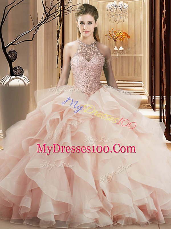 Trendy Brush Train Ball Gowns Quinceanera Dress Pink Halter Top Organza Sleeveless Lace Up