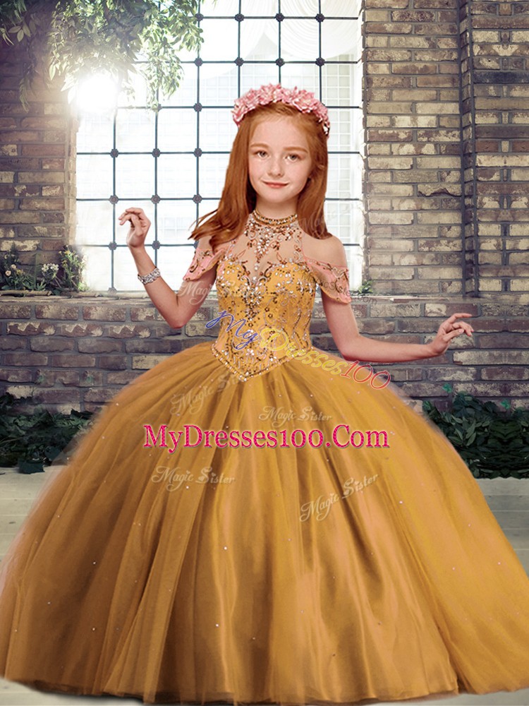 Brown Sleeveless Floor Length Beading Lace Up High School Pageant Dress