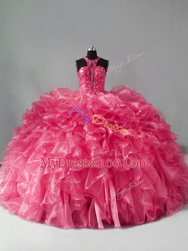 Super Hot Pink Sleeveless Beading and Ruffles Zipper Sweet 16 Dresses