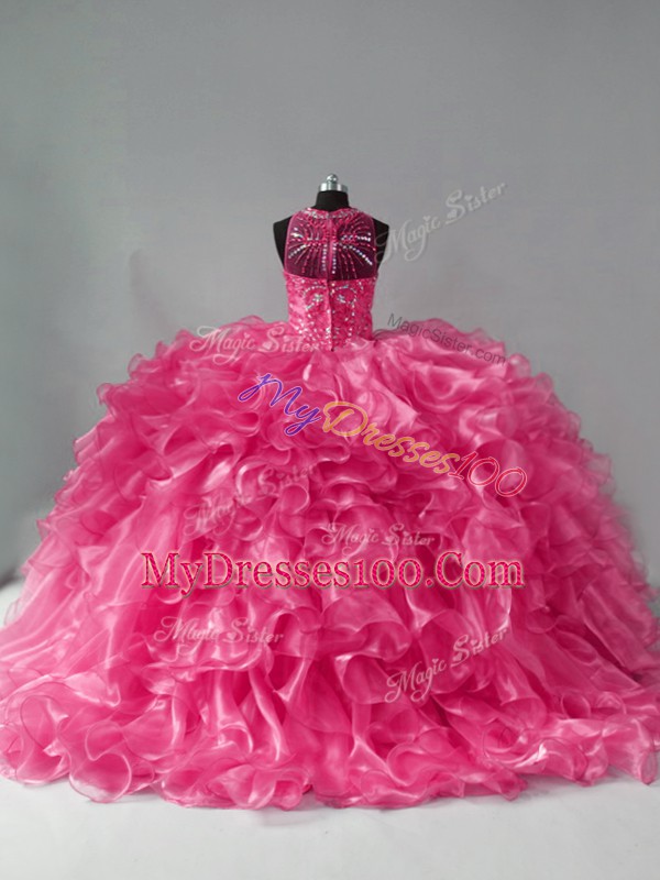 Super Hot Pink Sleeveless Beading and Ruffles Zipper Sweet 16 Dresses