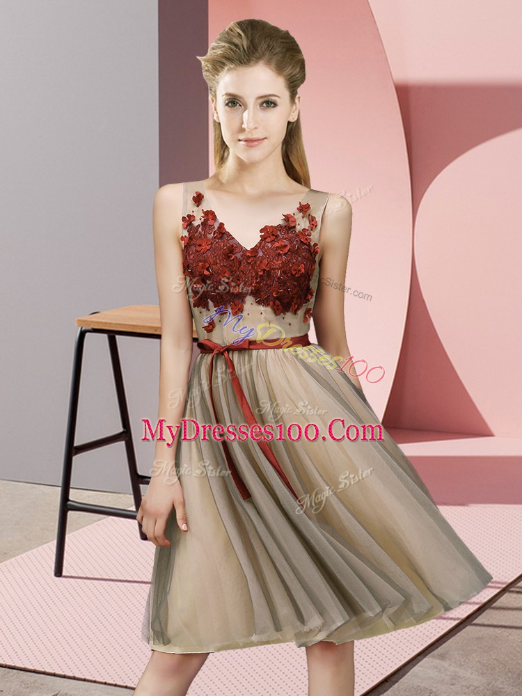 High Quality Champagne Empire Tulle V-neck Sleeveless Appliques Knee Length Lace Up Dama Dress