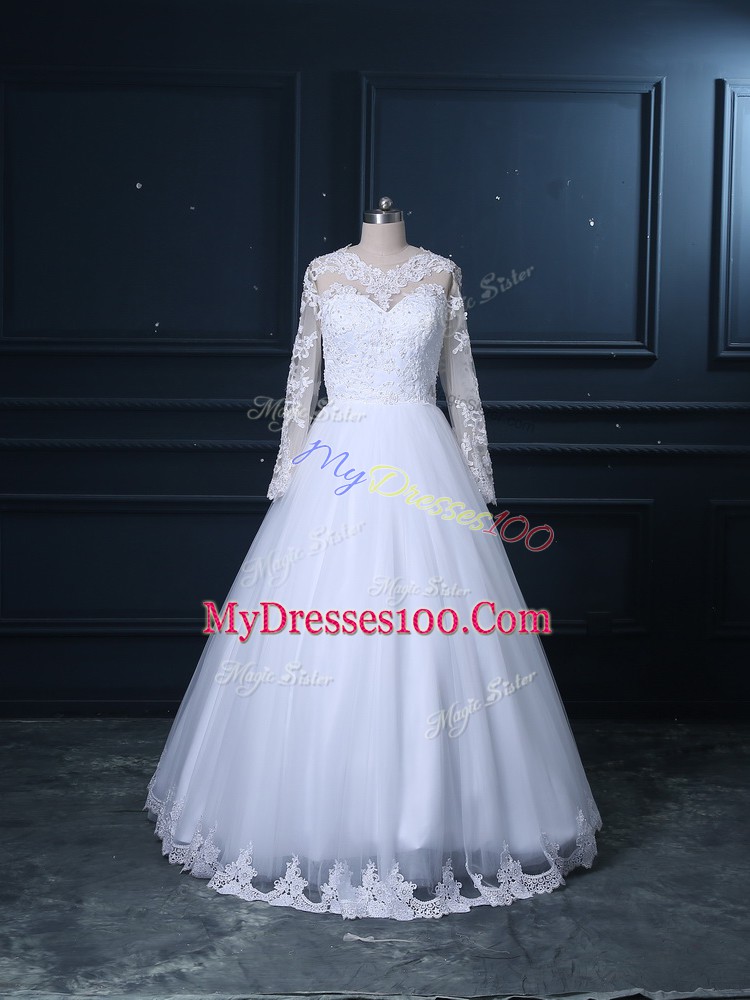 White Scoop Lace Up Lace Wedding Gown Brush Train Long Sleeves