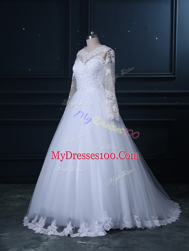 White Scoop Lace Up Lace Wedding Gown Brush Train Long Sleeves