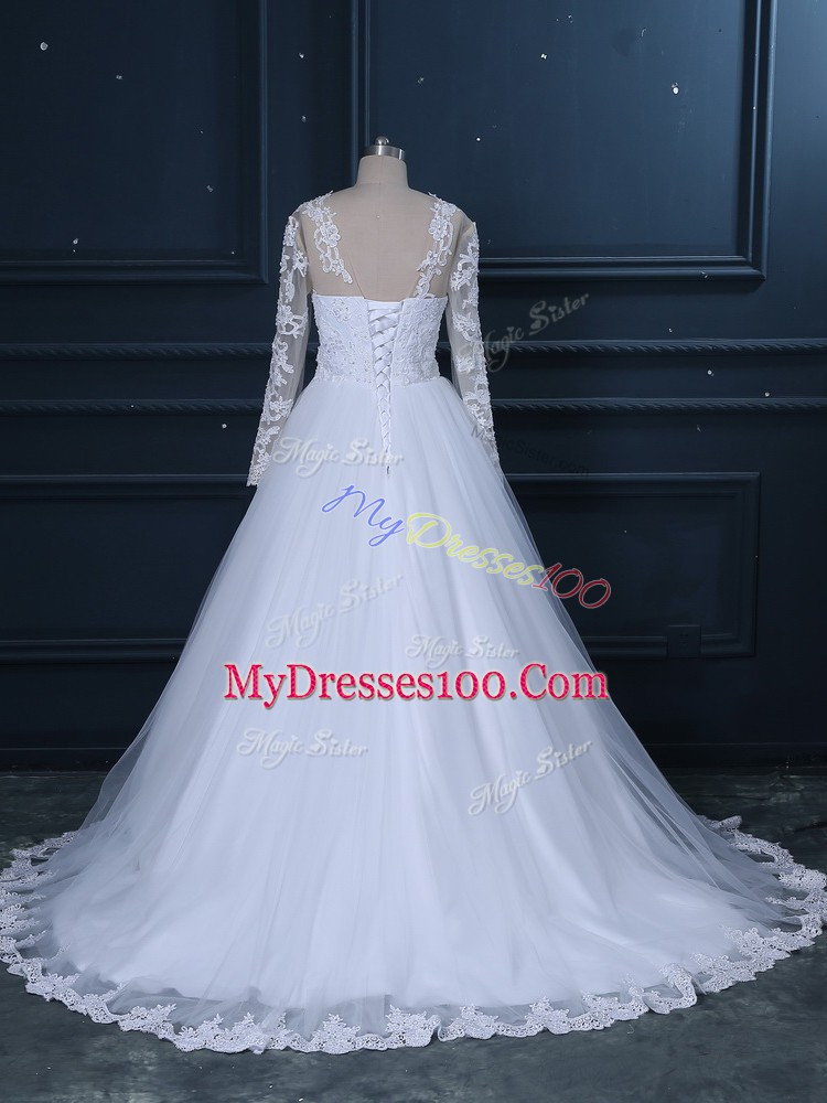 White Scoop Lace Up Lace Wedding Gown Brush Train Long Sleeves
