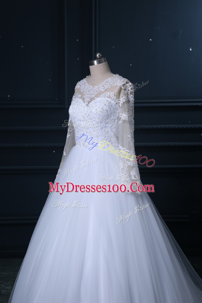 White Scoop Lace Up Lace Wedding Gown Brush Train Long Sleeves