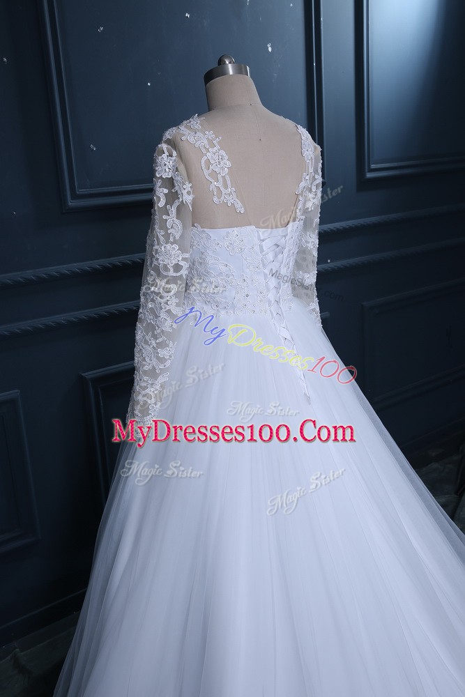 White Scoop Lace Up Lace Wedding Gown Brush Train Long Sleeves