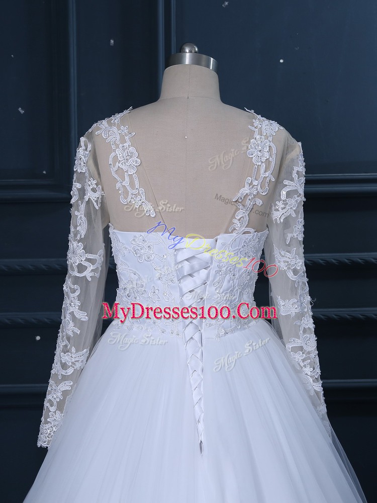 White Scoop Lace Up Lace Wedding Gown Brush Train Long Sleeves