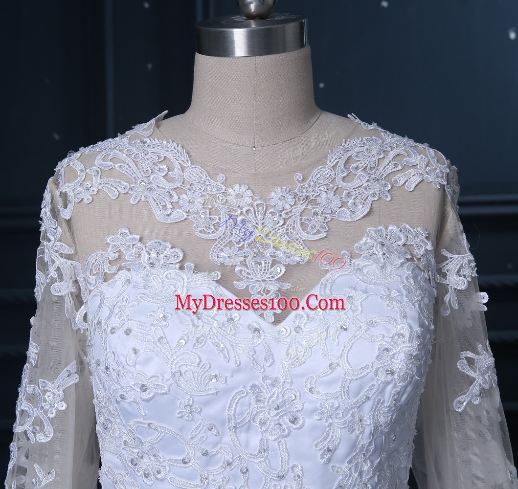 White Scoop Lace Up Lace Wedding Gown Brush Train Long Sleeves
