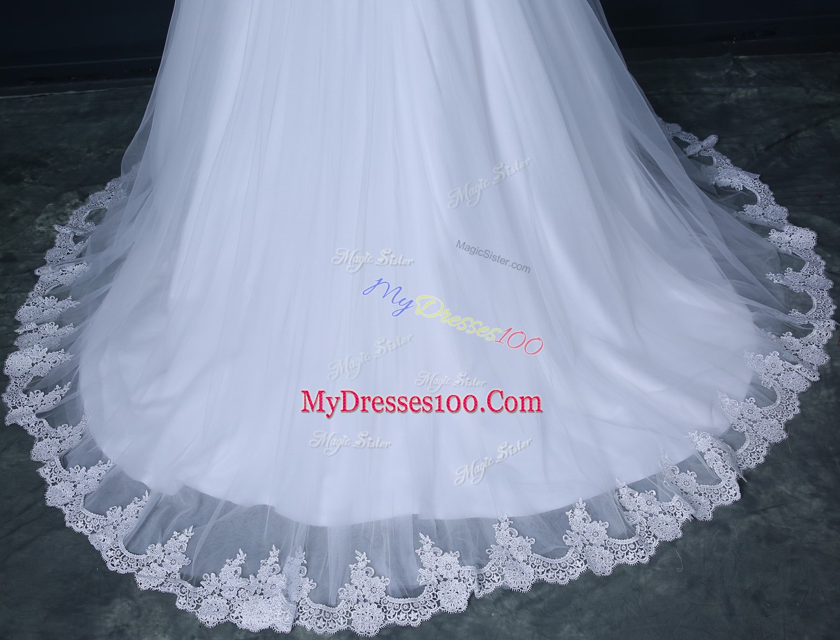 White Scoop Lace Up Lace Wedding Gown Brush Train Long Sleeves