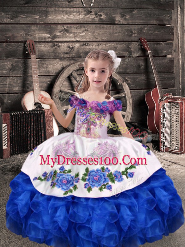 Royal Blue Lace Up Child Pageant Dress Beading and Embroidery and Ruffles Sleeveless Floor Length