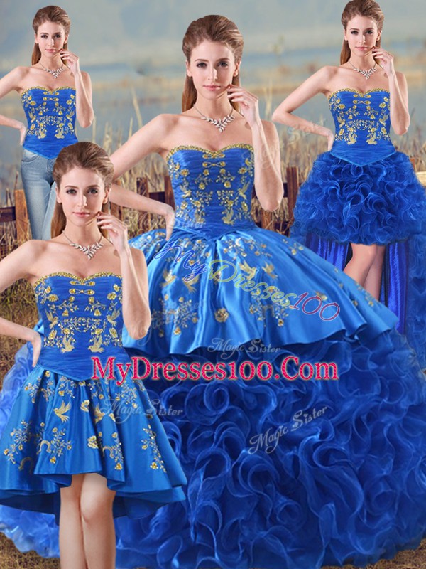 Floor Length Royal Blue Sweet 16 Dress Fabric With Rolling Flowers Sleeveless Embroidery and Ruffles