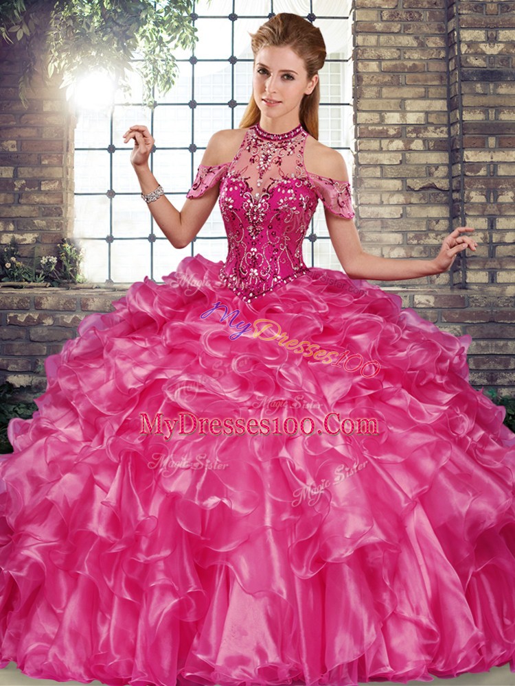 Top Selling Fuchsia Ball Gowns Beading and Ruffles Quince Ball Gowns Lace Up Organza Sleeveless Floor Length